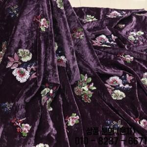 3D 자수 실크 벨벳 원단 비즈 장식 퍼플 레이온 웨딩 드레스 천 스팽글 포함