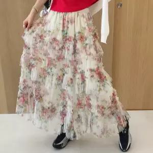 플라워샤워 패턴 프릴 캉캉 A라인 샤 밴딩 롱스커트 (2color)