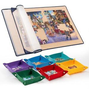 6가지 색상 분류 트레이가 있는 텍톡 직소 퍼즐 보드 보관 보호용 방진 커버가 휴대용 매트, 미끄럼 방지 표면, 최대 1500개 - 카키