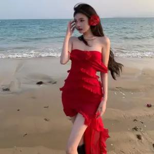 원피스 치마 롱 여친 여름 프렌치 언발란스 프릴 여자원피스 바캉스 드레스 드레이프 쉬폰 KS5