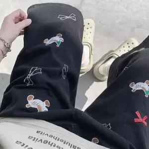 남성 바지 청 캐주얼 빈티지 슬림핏 자수 와이드 칠부 반바지 강아지 청반바지 OP1