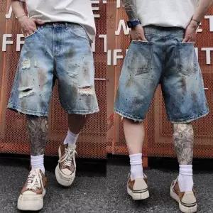 남성용 옐로우 여름 트렌드 염색 무릎까지 디스트로이드 청반바지 머드 청바지 불어오는 옻칠 바람이 6부 O