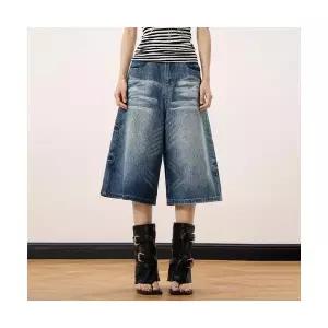 팬츠 남성용 데님 와이드 붐 나염 구제 반 청반바지 쇼트 하이 워싱 스트릿 7부 OP1