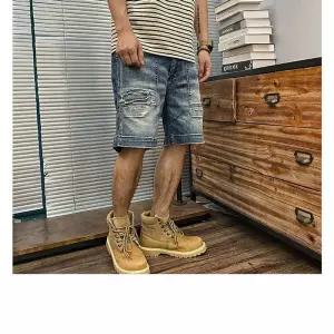 하프 남성 면 빈티지 청반바지 헤비 카고 와이드 워싱 패치 5부팬츠 OP5