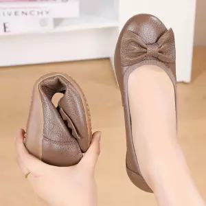 여사친 로우 봄가을 스몰 펌프스 리본 소프트 단화 사계절화 라운드 웨지 리얼 가죽 OP1