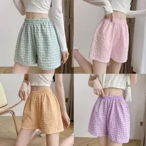 여자 체크 패턴 편안한 허리 밴딩 귀여운 스타일 여름 홈웨어 반바지 잠옷 3부 팬츠