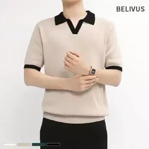 빌리버스 남자 반팔티 BRE051 오픈 카라 니트 여름 티셔츠