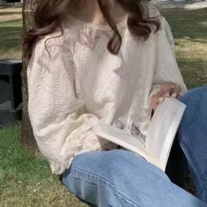 (기본옵션 기본옵션)여성 봄 여름 퍼프소배 레이스 블라우스 셔츠 프릴 봄여름 레이스 블라우스 퍼프소매