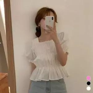 이쁘다요 스퀘어 퍼프 크롭 봄 여자 블라우스 여름 셔링 여름블라우스 퍼프블라우스 봄블라우스 여자블라우