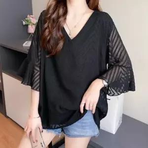 ( )여성 여름 루즈핏 브이넥 반팔 셔링 블라우스 블랙