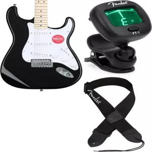 펜더 스퀴어 소닉 스트라토캐스터 일렉트릭 기타 - 블랙 피니시 메이플 핑거보드 튜너 및 스트랩 포함
