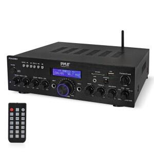 Pyle 200W 무선 블루투스 전력 증폭기 - USB 플래시 리더가 있는 듀얼 채널 스테레오 수신기 SD 카드 AUX MIC IN w / Echo 라디오 홈 시어터 스튜디오 사용 RCA 출력 PDA65BU
