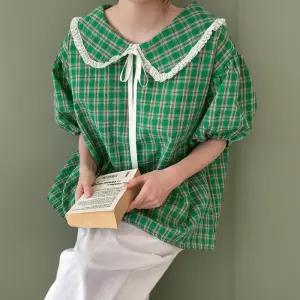 [신상오픈런]여성 퍼프 체크 블라우스 리본 레이스 카라 스타일 (34574821)