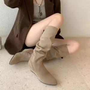 엘럽여사친 카키색 더미더기 웨지힐 오는 라이더부츠 웨지 힐 셔링 롱부츠 스틸레토 무릎까지 버클 원템5