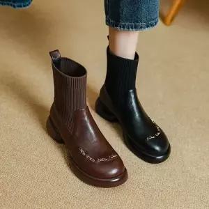 엘럽여친 니트 웨지힐 플랩 양말 부츠 양가죽 컴포트 라운드 통굽 스판 원템5