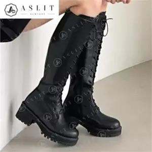 [애슬릿] 여성 가보시 미들 힐 레이스업 워커 롱 부츠