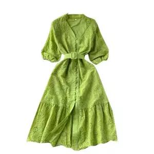 원피스 여사친 브이넥 예쁜 자수 롱스커트 루즈핏 레이스 쉬폰 펀칭 V넥 날씬한 드레스 퍼프소매 플레어 SP