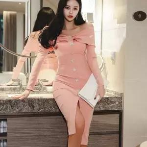 여성 원피스 날씬하고 디너 러블리 턴업 주름 드레스 파티 쉬폰 예쁜 보트넥 SPO마켓5