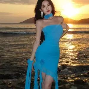 여자 원피스 미니 여름 탑 여행 예쁜 언밸런스 휴가용 프릴 코디 해변 바캉스 쉬폰 플라워 드레스 트임 SPO