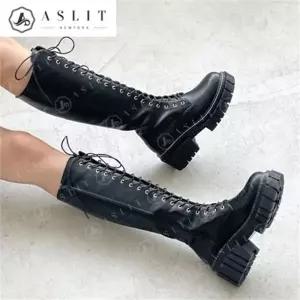 [애슬릿] 스티치 여성 키높이 통굽 워커 롱 부츠 6cm