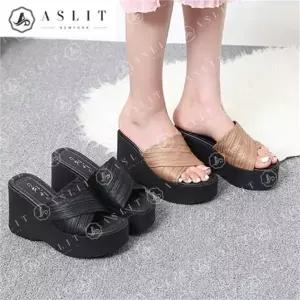 [애슬릿] 여성 통굽 데일리 격자 스트랩 웨지 슬리퍼