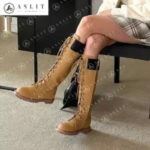 [애슬릿] 여성 레이스 업 통굽 모던 워커 롱 부츠