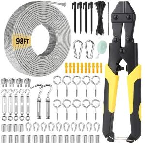 케이블 커터가 있는 1/8인치 와이어 로프 키트 M5 턴버클이 98FT 304 스테인리스 스틸 와이어용 8인치 커터