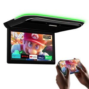 XTRONs 안드로이드 카 오버헤드 플레이어 11.6인치 와이드 IPS 스크린 루프 마운트 모니터, 내장 스테레오 스피커 플립 다운 8K 비디오, 블루투스, WiFi, HDMI, USB, IR 지원