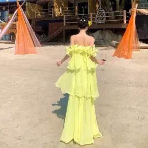 여자 원피스 추천각 어깨 롱스커트 드레스 프렌치 쉬폰 일자 생일 해변 바캉스 OOTD1