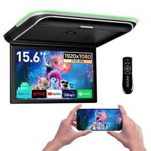 XTRONs 안드로이드 카 오버헤드 플레이어 15.6 u201D 와이드 IPS 터치스크린 8K 비디오 루프 마운트 모니터, 내장 스테레오 스피커 플립 다운 블루투스, WiFi, HDMI, USB, IR 지원