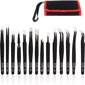 헝톈메이 정밀 핀셋 세트 공예 보석 전자제품 실험실 작업용 ESD 정전기 방지 스테인리스 스틸 (14 PCS)