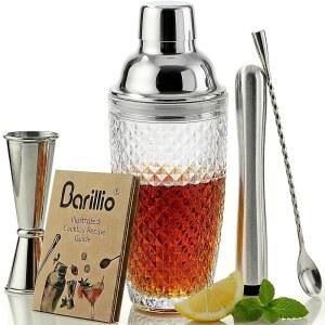 바릴리오 유리 칵테일 셰이커 세트 | 키트 계량 바 포함된 지거, 믹서 스푼 선물 바텐더 머들러가 및 14온스 코블러 믹싱 도구가