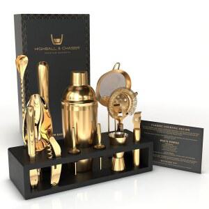 에스프레소 대나무 스탠드가 있는 하이볼 & 세트 스틸 바 녹슬지 칵테일 도구가 스테인리스 바텐더 셰이커 키트. 코블러 않는 체이서 세트(매트 아름다운 골드)