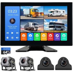 4채널 1080p RV / 트럭 트레일러 밴 SUV 자동차용 백업 카메라 대시캠, 10.2인치 터치스크린 쿼드 스플릿 주차 모니터(DVR 녹화 포함) 재생 블루투스 FM 라디오 음악 비디오 플레이어