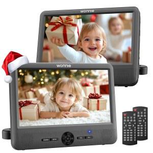 WONNIE 10인치 자동차 DVD 플레이어, 휴대용 플레이어 듀얼 스크린 플레이, 헤드레스트 마운트, 5시간 충전식 배터리, AC 어댑터 2개, 모든 지역, USB / SD Sync TV 지원