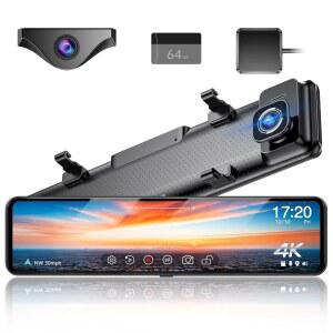 12인치 4K UHD 미러 블랙박스 전후면, 줌 백업 카메라, 2160P 듀얼 리어 뷰 64GB 카드 포함, GPS, WDR, 슈퍼 나이트 비전, 주차 지원 및 G-센서