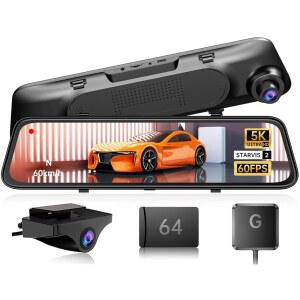 60fps WDR 백업 카메라가 장착된 5K 미러 대시 캠, 12인치 후방 뷰 카메라, 전면 및 후면 듀얼 카메라 4K 2160P, 야간 투시, 주차 지원, 64GB 카드 GPS 포함