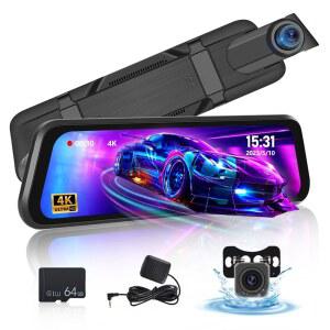 9.66인치 후방 뷰 미러 카메라 - 1080P 카메라가 장착된 4K 대시 캠 전면 및 후면 WiFi APP 제어 주차 모니터 야간 투시 + 64GB 카드가 차량용 풀 터치 스크린