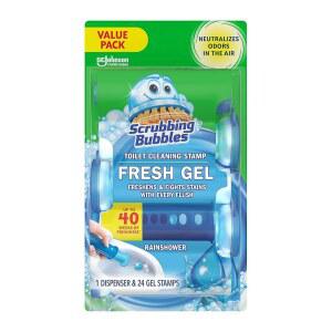 거품을 문지르면 신선한 젤 변기 청소 스탬프, 화장실 청결 유지, 석회질 및 링 예방, 소나기 향, 24개의 스탬프가 포함된 디스펜서 1개