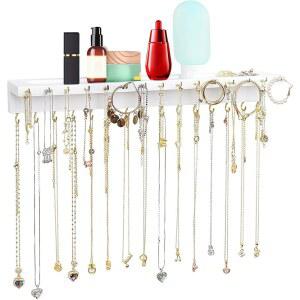 YYILIS 목걸이 홀더, 30 훅 벽걸이 걸이와 보석 트레이/화장품 선반 소박한 소나무 나무 홀더(화이트)로 업그레이드된 대형 벽 정리함