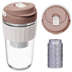 잠금식 뚜껑이 있는 HY3 누수 방지 유리 커피 머그잔, 스테인리스 필터가 재사용 가능한 컵 17온스, 손잡이가 트래블 티 및 과일 인퓨저, BPA 프리 식기세척기 금고(밀크 초콜