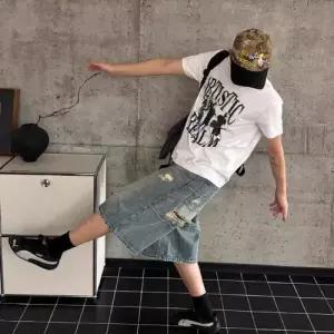 청 남사친 청반바지 구매대행 트렌드인 찢어진 시보리 와이드 일자 반바지 젠1