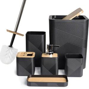 CERBIOR 욕실 액세서리 세트 6피스 대나무 목욕 앙상블에는 비누 디스펜서, 칫솔 홀더, 컵, 장식용 접시 및 집들이 선물(블랙)이 포함되어 있습니다