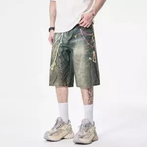 남자 바지 청 빈티지 칠부 워싱 스트레이트 프린트 체인 반바지 청반바지 젠1