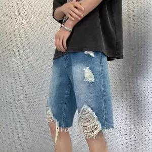 남성 데님 청반바지 워싱 트렌드 대미지 반바지 중바지 통통 순면 팬츠에 사이즈업 5부 젠1