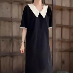 [신상오픈런]여성 상견례 드레스 배색 카라넥 블랙 레이스 짧은소매 롱원피스 (33305994)