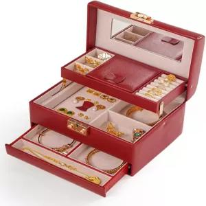 케이스그레이스 주얼리 박스 잠금장치 거울 목걸이용 보관 케이스 귀걸이 팔찌 및 반지 포함 3겹 가죽 상자