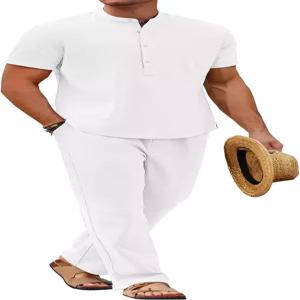 COOFANDY 남성용 2피스 코튼 린넨 세트 반팔 캐주얼 헨리 셔츠 여름 해변 바지 라운지 휴가 의상