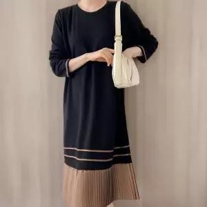 [신상오픈런]여성 빅사이즈 플리츠 롱원피스 가을 등원룩 긴팔 배색드레스 (42510218)