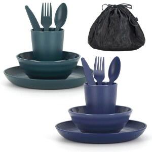 공, 접시, 컵, 숟가락, 포크, 나이프, 휴대용 가방이 포함된 2인용 ReaNea 캠핑 메시 키트, 커플 여행, 피크닉, 야외, 휴대하기 쉬운 플라스틱 액세서리 필수 장비